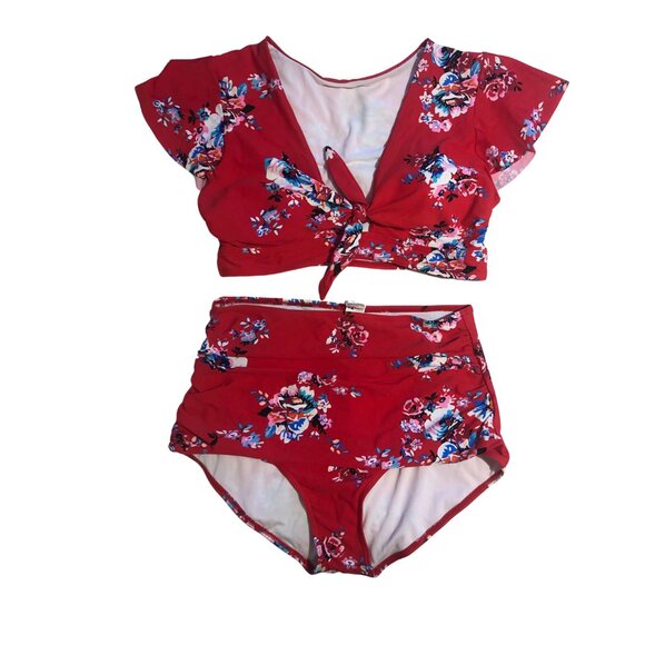 COCOSHIP Other - Coco Ship Retro Red Floral flutter sleeve high waisted bikini set coquette 10